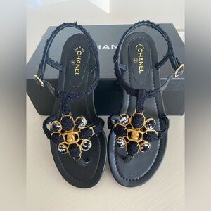 CHANEL Black and Gold Tweed Floral Sandals